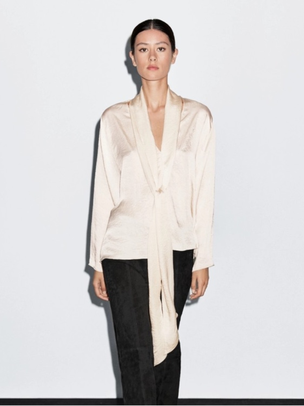Massimo Dutti Silky Tie-Neck Blouse in Cream